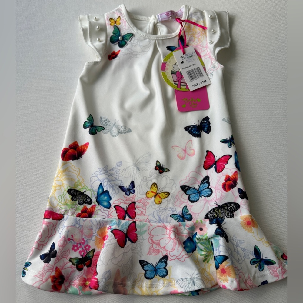 Baby Kiss girl’s dress, white and butterfly and floral print. Size 12M. NWT.